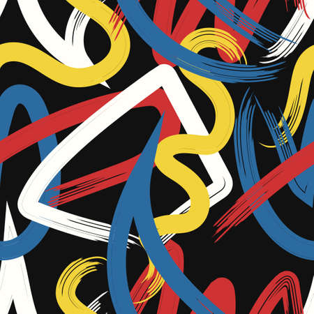 vector rough four color freeform and geometric lines brush stroke overlapped seamless pattern on blackのイラスト素材