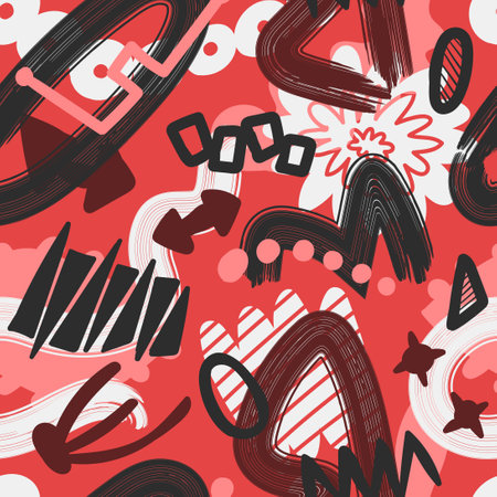 vector rough ethnic freeform brush stroke lines overlapped seamless pattern on redのイラスト素材