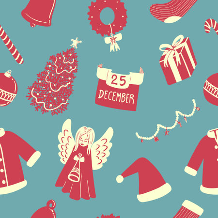 vector red and cream christmas ornament seamless pattern on blue greyのイラスト素材