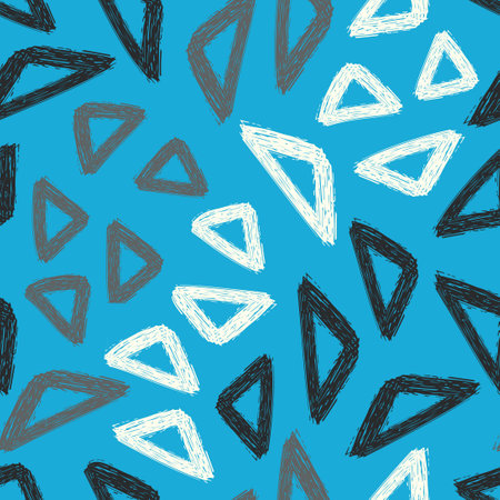 vector rough ethnic multi triangle brush stroke lines seamless pattern on light blueのイラスト素材