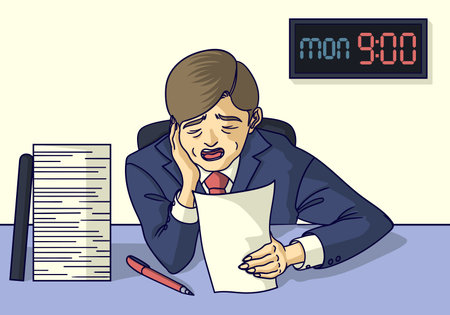 Young businessman yawning because lazy to work on monday.のイラスト素材