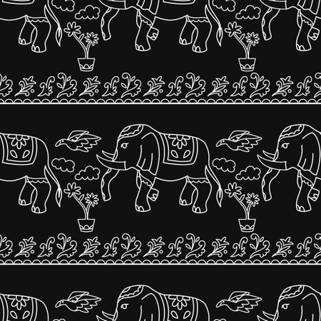 vector contemporary white thai elephant style seamless pattern on blackのイラスト素材