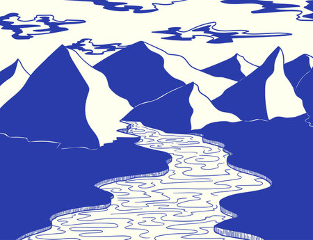 vector mountain and river landscape flat design backgroundのイラスト素材