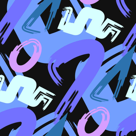 vector rough freeform geometric lines brush stroke overlapped seamless pattern on blackのイラスト素材