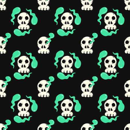 vector halloween skull and soul seamless pattern on black.のイラスト素材