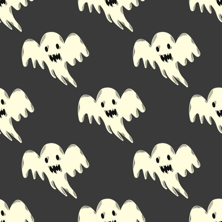 vector halloween flying ghost seamless pattern on grey.