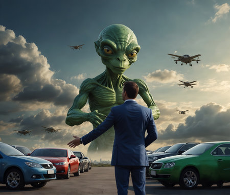 The country's leaders are negotiating with the big green alien. Generative AI Illustration.の素材