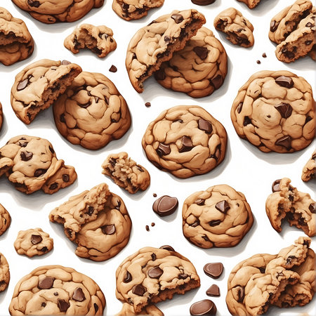 many chocolate chip cookies look so yummy on a white background. Evenly spaced, Generative AI Illustration.の素材