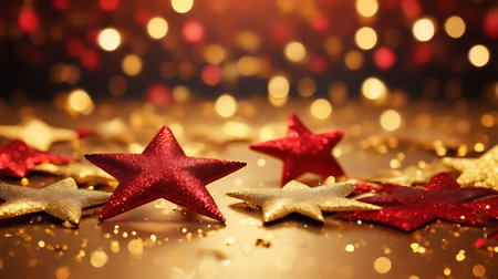 Glitter red and golden stars on the gold background. focus a star on foreground, backdrop are blur and bokeh, look luxury and premium, Generative AI Illustration.の素材