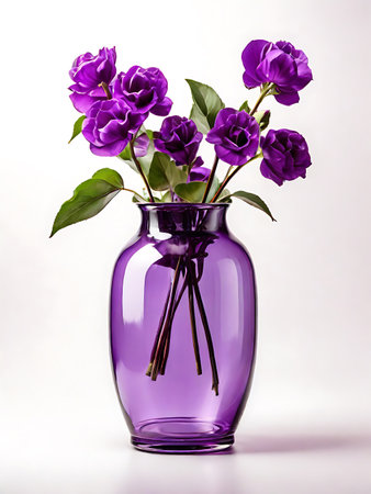 A violet transparent vase filled with flowers and foliage is positioned in the middle of the image. isolated background, Generative AI Illustration.の素材