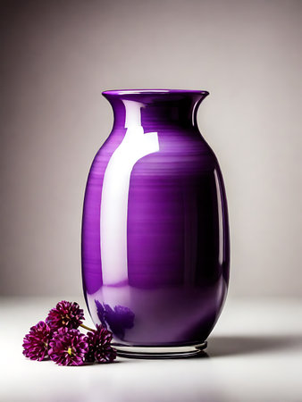 A violet ceramic vase with flowers positioned in the middle of the image. isolated background, Generative AI Illustration.の素材