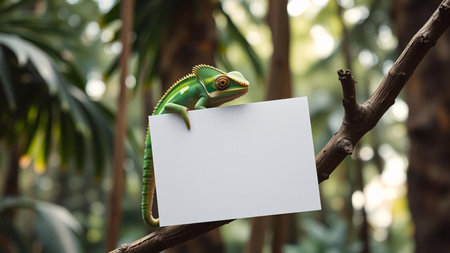 A baby cute green chameleon is perched on a branch in the center of the picture and holds a blank white paper. The backdrop is a forest and tropical trees, AI Generated.の素材