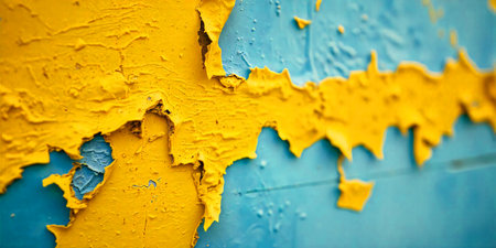 A close-up of a Yellow painted wall peeling off and cracking to reveal a blue surface underneath. AI Generated.の素材