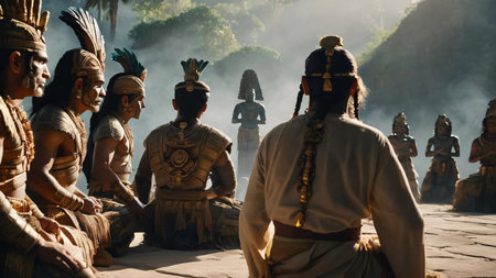 Rear view of several old Mayan men in beautiful costumes kneeling and worshiping statues of his gods. This statue looks ancient and powerful, AI Generated.の素材