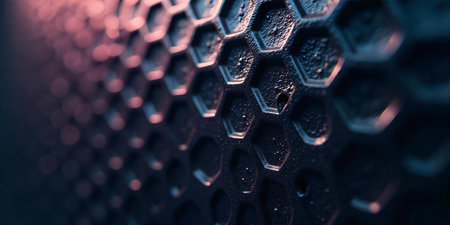 Macro image of a black honeycomb-shaped object with a shiny surface reflecting iridescent light. front view, AI Generated.の素材