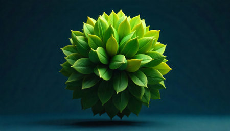 Many green leaves that have a spherical shape. on a dark blue background. AI Generated.の素材