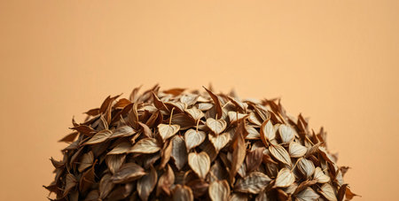 Many dry leaves gather together to form a semicircle shape on a light brown background. AI Generated.の素材