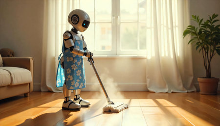 An AI robot is wearing an apron and is cleaning the house using a mop instead of a human. AI Generated.の素材