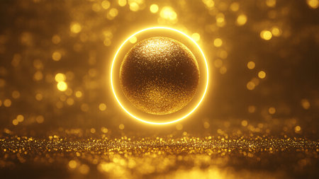 A golden glittering circle floating in mid-air with a golden halo. Sparkling golden bokeh background. AI Generated.の素材