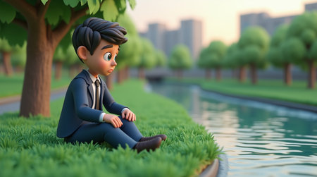 A young businessman in a dark blue suit made of 3D clay with a sad face is sitting on the grass and looking down at the river below is in a park. AI Generated.の素材