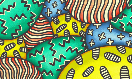 Colorful geometric shapes and doodle lines background. black, yellow, green blue and white colors.の写真素材