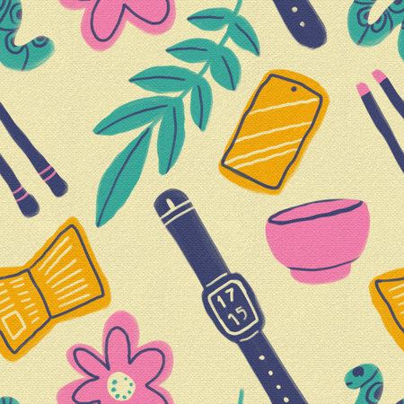Illustration of daily necessities, brush stroke painting seamless pattern on a cream canvas surface. Template for textiles, tiles, wallpaper, etc.の写真素材
