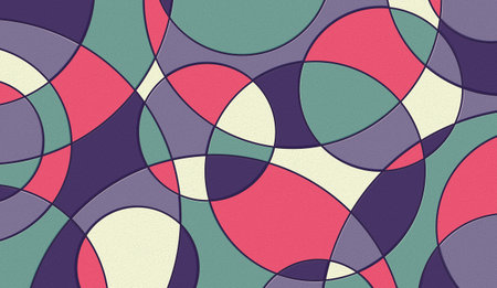 Abstract colorful circle shapes of various sizes stacked together, decorated with dark edges on a rough surface.の写真素材