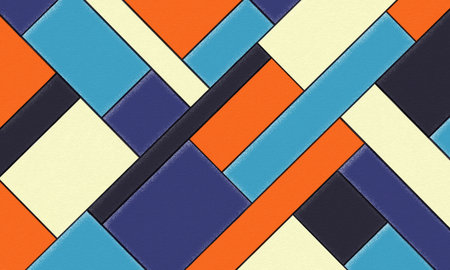 Abstract colorful diagonal square shapes of various sizes, decorated with dark edges on a rough...