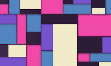 Multi-sized, colorful abstract square shapes within dark borders on a rough surface.の写真素材