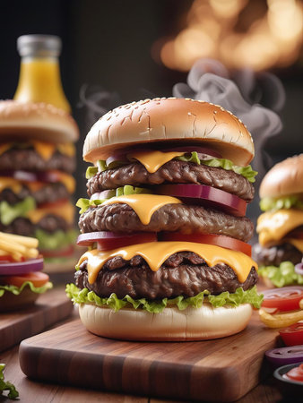 A delicious looking 3-layer beef cheeseburger. The burgers are placed on a wooden cutting board, In the background is a blurred kitchen, AI Generated.の素材