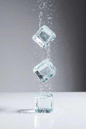 Three ice cubes fall vertically to the ground and cold water droplets radiate out. AI Generated.の素材