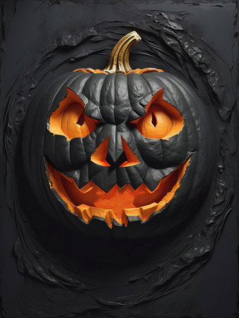 Halloween themed illustration of a bas-relief of a jack-o-lantern face on a black wall. AI Generated.の素材