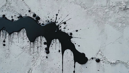 Close-up of black grunge brush strokes on a white cement wall. AI Generated.の素材