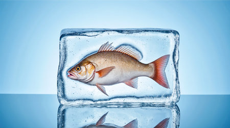Fresh sea bass frozen in a rectangular ice cube on a blue background. AI Generated.の素材