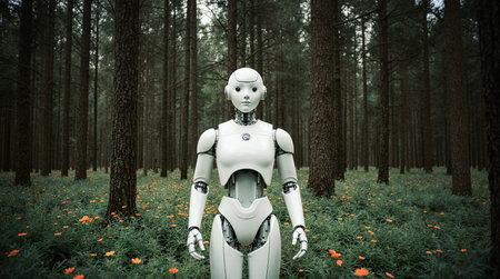 A white AI robot stands amidst a forest of tall trees and many flowers. AI Generated.の素材