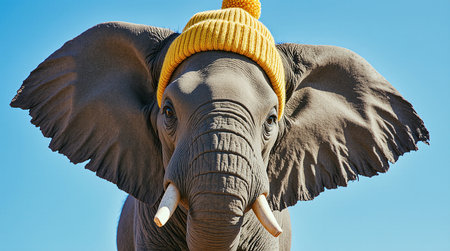 Close-up of the face of a baby elephant wearing a yellow beanie hat. on Plain blue background, AI Generated.の素材