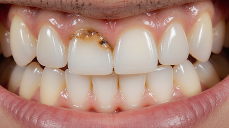 A close-up of a smile revealing one decayed front tooth. AI Generated.の素材