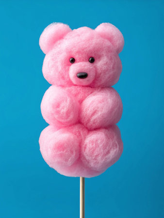 A fluffy, puffy pink bear-shaped cotton candy skewered on a stick. On a bright dark blue background, AI Generated.の素材