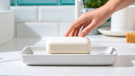 A hand touching a bar of white soap in a ceramic tray inside the bathroom. AI Generated.の素材