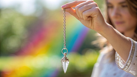 Close-up of a young woman's hand holding a crystal dowsing.The background is a blurry, bright color tone, AI Generated.の素材