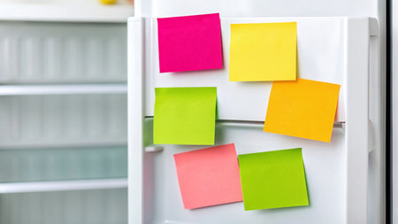 Close-up of blank multi-colored post-it notes stuck to a white refrigerator. A blurred interior of a clean white kitchen, AI Generated.の素材