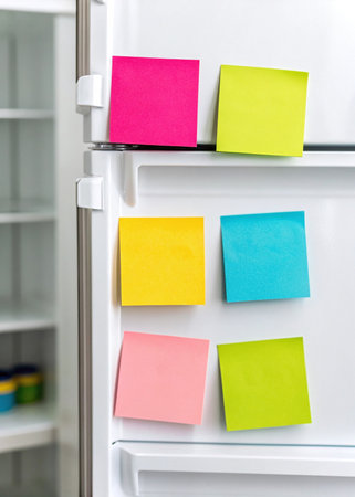 Close-up of blank multi-colored post-it notes stuck to a white refrigerator. A blurred interior of a clean white kitchen, AI Generated.の素材