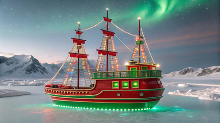 A red and green pirate ship decorated with Christmas themes sails through the icy seas of the North Pole. AI Generated.の素材