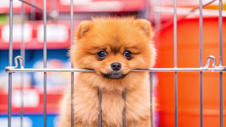 A sad-looking brown Pomeranian puppy is locked in a metal cage. AI Generated.の素材