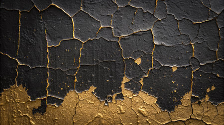 Close-up of a black and gold oil-painted wall that is cracked and peeling off. AI Generated.の素材