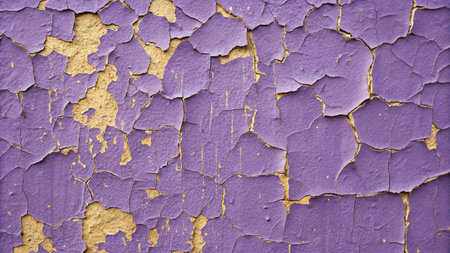 Close-up of a purple and gold oil-painted wall that is cracked and peeling off. AI Generated.の素材