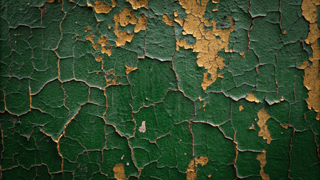 Close-up of a dark green and gold oil-painted wall that is cracked and peeling off. AI Generated.の素材