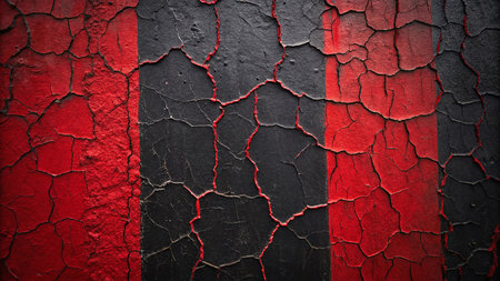Close-up of a black and red oil-painted wall that is cracked and crumbling vertically. AI Genrated.の素材