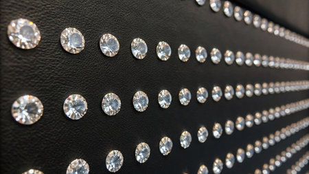Close-up of a black wall, decorated with many small diamonds arranged in horizontal lines. AI Generated.の素材