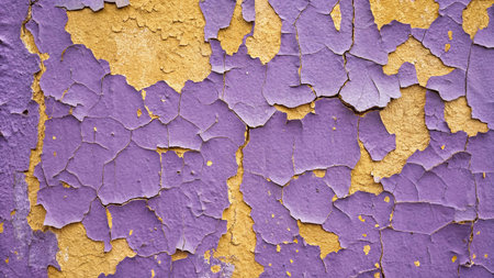 Close-up of a purple and gold oil-painted wall that is cracked and peeling off. AI Generated.の素材
